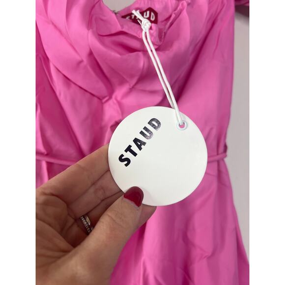 NWT Staud Ash Off Shoulder Gathered Shell Puff Sleeve Self-Tie Mini Dress Pink - Picture 4 of 7